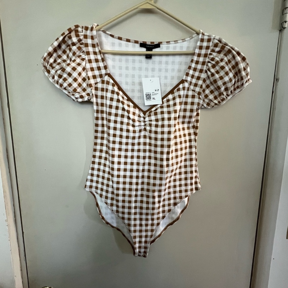 Forever 21 Brown and  White Gingham Bodysuit